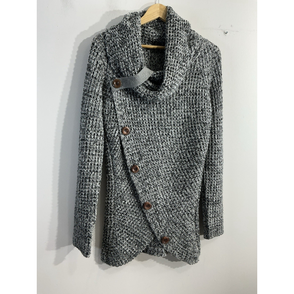 Womans Assymetric Long Sleeve Pullover Sweater Medium Black Gray Cowl Neck